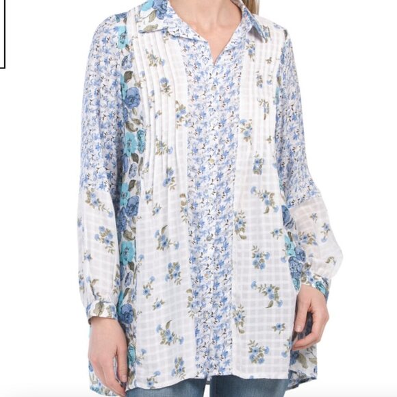 Jane & Delancey Printed Pintuck Floral Cottagecore Button Down Shirt Size Medium - Picture 1 of 8